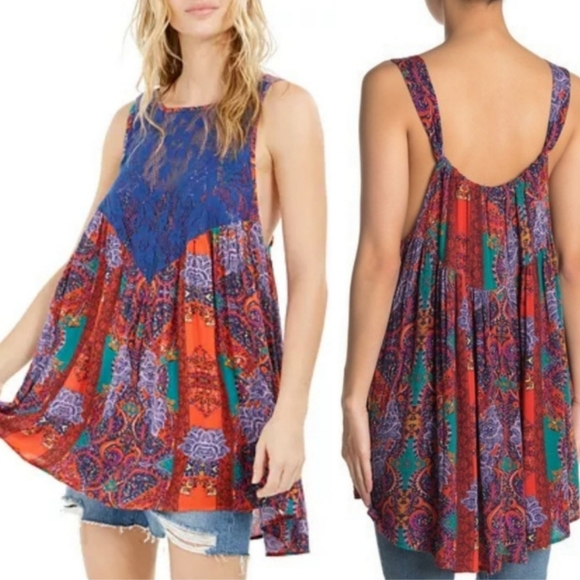 Free People Tops - Final Sale! Free People Count Me In Trapeze Top Mini Dress Blue Red Combo